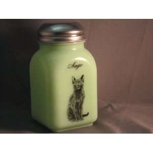 Green Milk Glass Sage Spice Shaker with Caz the Cat Logo  