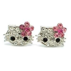    Extra Small Kitty Stud Earrings with Pink Flower Bow Jewelry
