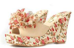 Women Girl Bohemian Chiffon Flower Sandals Shoes Platform Wedge Heel 
