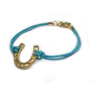 Lucky Horseshoe Blue Rubber String Bracelet with Golden Accents   Lead 
