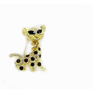   Goldtone with Black Crystals and Rhinestones Cat Brooch Pin Jewelry