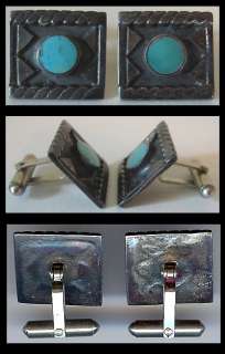 VINTAGE NAVAJO INDIAN STERLING SILVER & TURQUOISE CUFFLINKS  