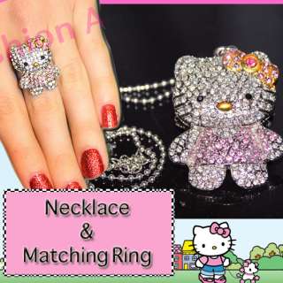 CUTE XL PINK CRYSTAL HELLO KITTY NECKLACE & RING SET  