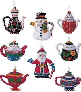 Bucilla CHRISTMAS TEAPOTS Felt Ornament Kit Set of 8  