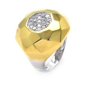   Silver Hammered Gold Plated 2 Toned CZ Round Ring Size 5 Jewelry