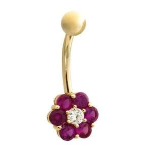    Magenta Daisy Flower 14K Yellow Gold Belly Button Ring Jewelry