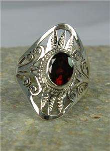 Garnet Sterling Silver Tribal Filigree Ring 8 Artisan Crafted New 