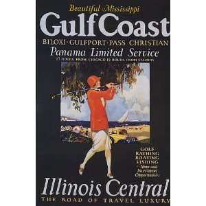 GIRL PLAYING GOLF SPORT GULF COAST ILLINOIS CENTRAL VINTAGE POSTER 