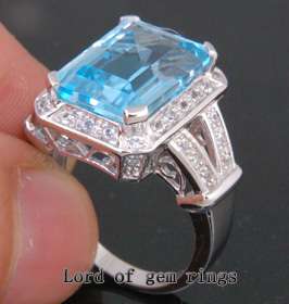 Emerald Cut 10.08CT BLUE TOPAZ Real 14K WHITE GOLD .48CT DIAMOND 