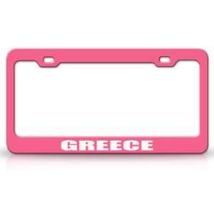 GREECE Country Steel Auto License Plate Frame Tag Holder, Pink/White