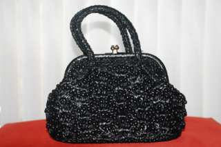 60s Vtg Black Shiny Beaded Raffia Straw Box Snap Purse Handbag from 