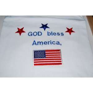  Embroidered God Bless on American on White T with Flag 