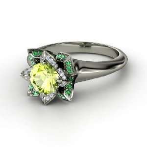 Lotus Ring, Round Peridot Sterling Silver Ring with Diamond & Emerald