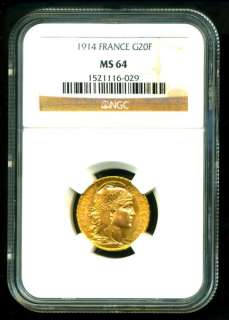 1914 FRENCH ROOSTER GOLD COIN 20 FRANCS * NGC MS 64 TOP  