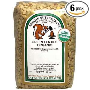 Bergin Nut Company Organic Green Lentils, 16 Ounce Bags (Pack of 6 