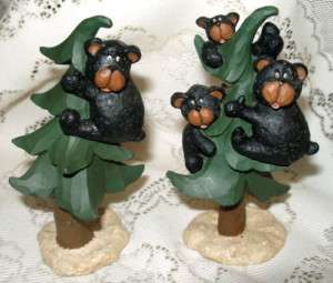 Silly BLACK BEARS & EVERGREEN TREES S/2 RESIN FIGURINES  