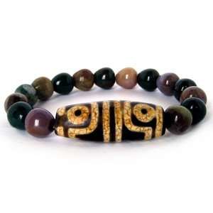 4 Eyed Dzi Bead Bracelet with Bloodstone Crystal Beads 