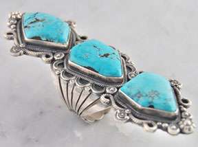 Wallace Yazzie Jr. Navajo Silver 3 Stone Turquoise Ring  