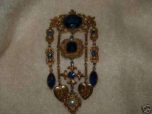 Vintage Large Coro Blue Stone Hearts & Pearls Pin  