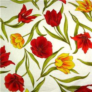 Andover Cotton Fabric Tulips Red Orange & Yellow, Metallic Gold 