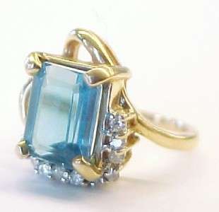 Blue Topaz Solitaire with Diamond Accents 14K Solid Yellow Gold Ring 
