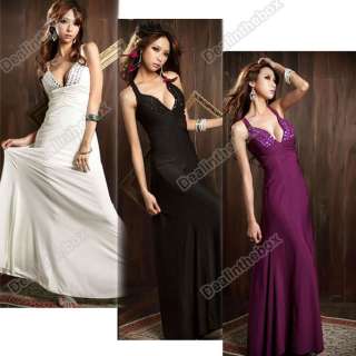 Womens Low Cut V neck Strappy Backless Jewel Full length Evening Gown 