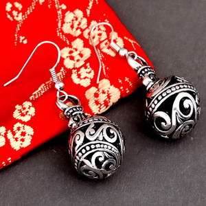 carve flower Tibetan silver ball antique dangle earring  