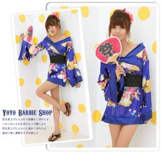 Sexy Luxurious Blue Satin Spring Flowers Kimono Costume  