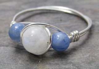  Moonstone & Blue Kyanite Sterling Silver Wire Wrapped Bead Ring 