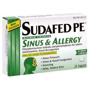   PE Sinus & Allergy, Maximum Strength, 24 Count Tablets (Pack of 4