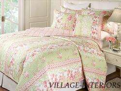 SHABBY n CHIC ROMANTIC PINK ROSES GREEN QUEEN QUILT SET  