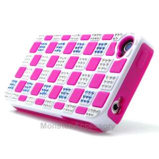 Pink Checker Bling Gem Dual Flex Hard Case Cover For Apple iPhone 4S 