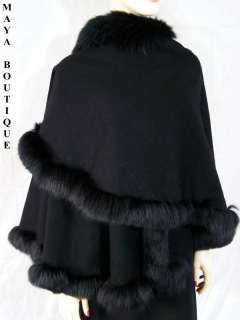 BLACK Cashmere REAL FOX Fur Trim Cape Coat Wrap Stole Shawl Maya 