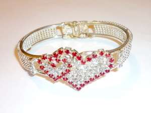 Silver Red Crystal Small Large Rhinestone Heart Bangle  