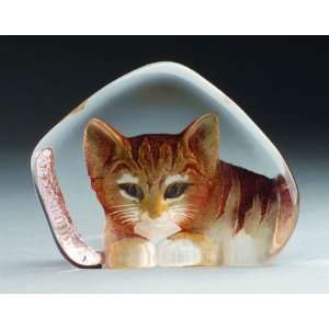  Large Cat Brown Etched Crystal Sculpture by Mats Jonasson 