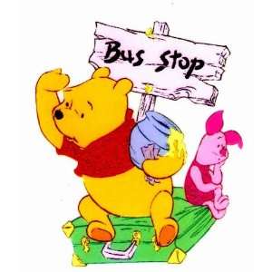  Pooh Bear n Piglet sitting on suitcase at Bus Stop w honey 