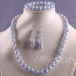 Blue Swarovski Crystal Faceted Beads Necklace +Bracelet+ Earrings 
