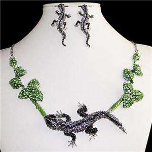 Gecko Floral Leaf Necklace Earring Set Rhinestone Crystal Black 