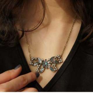 Vintage Unique Blue Butterfly Pearls Pendant Necklace  