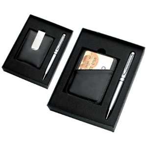 Silver Ball Point Pen & Black PU Leatherette Holder with Silver Money 