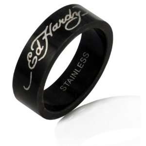 Ed Hardy Stainless Steel Black Ring with Silver Ed Hardy Script   size 