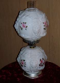 Vintage Fenton (?) Double Globe GWTW Lions Head Lamp ~ Pink Roses 