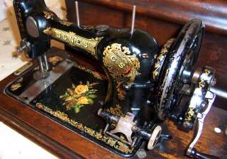 1890s Jones Hand Crank Sewing Machine Family CS Yellow Rose bed 