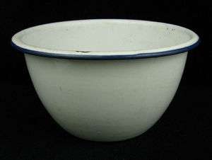 Vintage Large White Cobalt Blue Enamel Metal Mixing Bowl Enamelware 