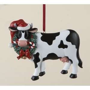  Cow in Santa Claus Hat and Wreath Christmas Ornament