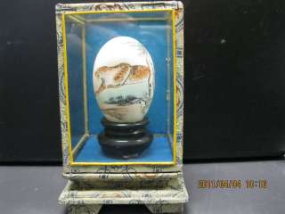 HAND PAINTED CHINESE EGG ON STAND IN GLASS CASE  