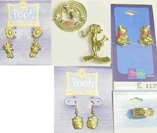 DISNEY Jewelry Earrings Pins Ring Pooh Tigger Piglet NOS 1990s 