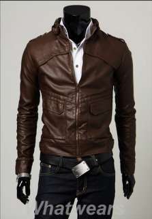 Mens Slim Fitted Up Collar PU Leather Coat Jacket 2 Color 3 Size Z75 