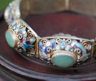 BEAUTIFUL Antique Chinese Gilt Silver Filigree Enamel & Jade Cabochon 