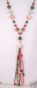 VJ Necklace Coral & Pink Beads w/ Tassel signed VJ  